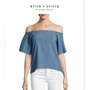 alice + olivia Off-The-Shoulder “Christy” Boho Chambray Blue Blouse Top Sz S